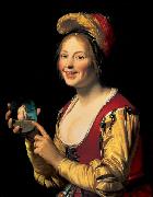 Gerard van Honthorst Smiling Girl, a Courtesan, Holding an Obscene oil on canvas